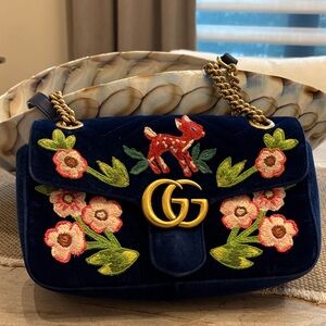 Gucci Dark Blue Floral Embroidered Shoulder Bag Bambi bag. Collectors item.
